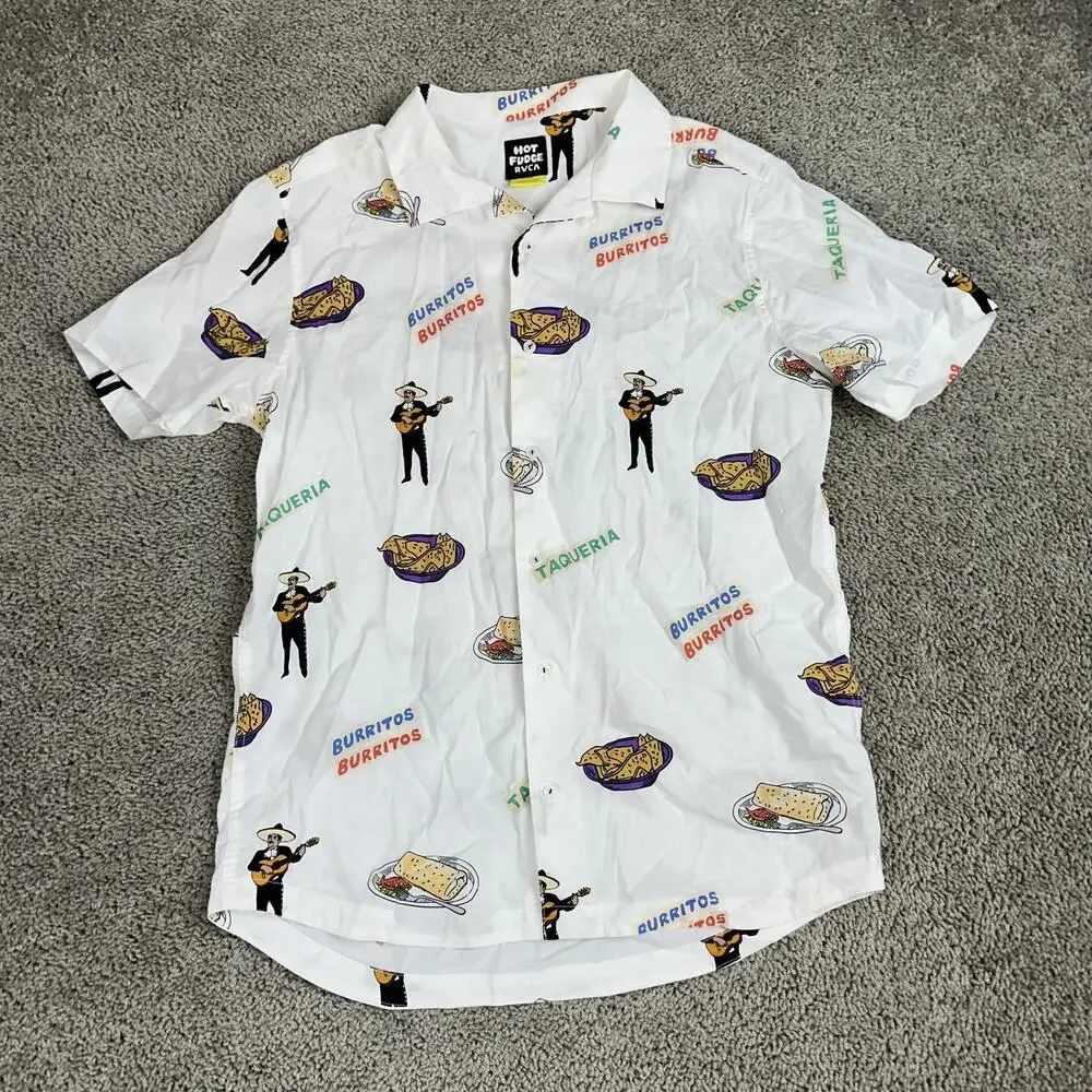 RVCA Hot Fudge Shirt Mens Large White Burritos Taqueria Short Sleeve Button Up - Picture 3 of 13